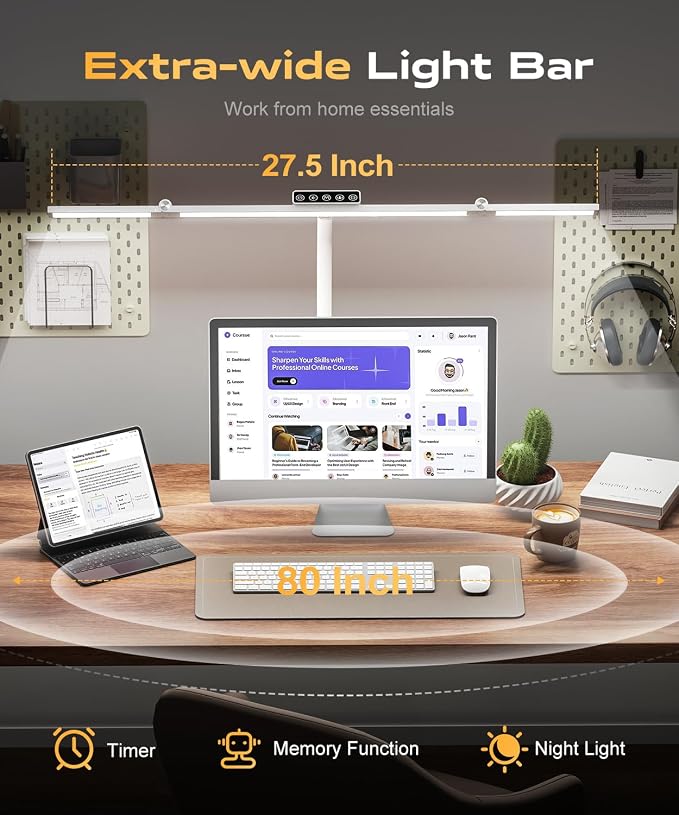 LED Desk Lamps for Home Office, Desk Light with Remote & Touch Control, Stepless Dimming,5CCT,Motion Sensor Auto On/Off, Eye-Caring Desk Lamp with Clamp for Study, Reading,Dual Monitors,White