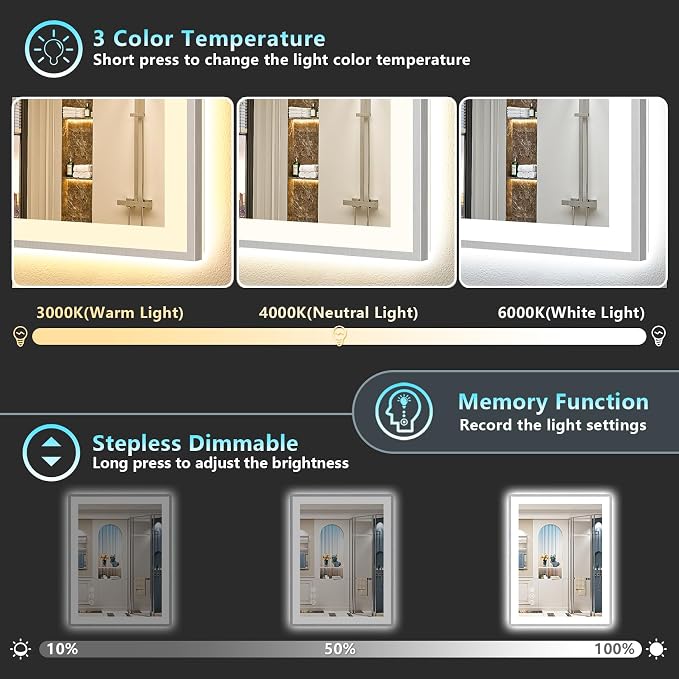 30x36 Inch Brushed Nickel LED Bathroom Mirror, Backlit & Front Lit | Silver Framed Anti-Fog Lighted Vanity Mirror with Lights, 3 Color Dimmable, Memory, HD Tempered Glass, CRI95, IP54, UL Listed