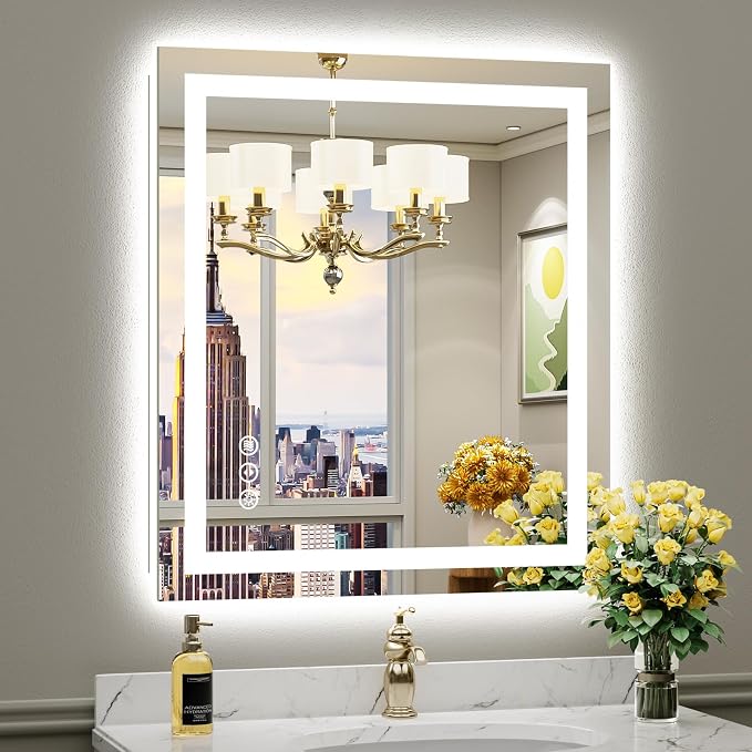 28x32 Inch LED Bathroom Mirror with Lights, Backlit & Front Lit | Anti-fog, 3 Color Dimmable, Memory Function, HD Reflection Tempered Glass, ETL Listed, IP54 Waterproof