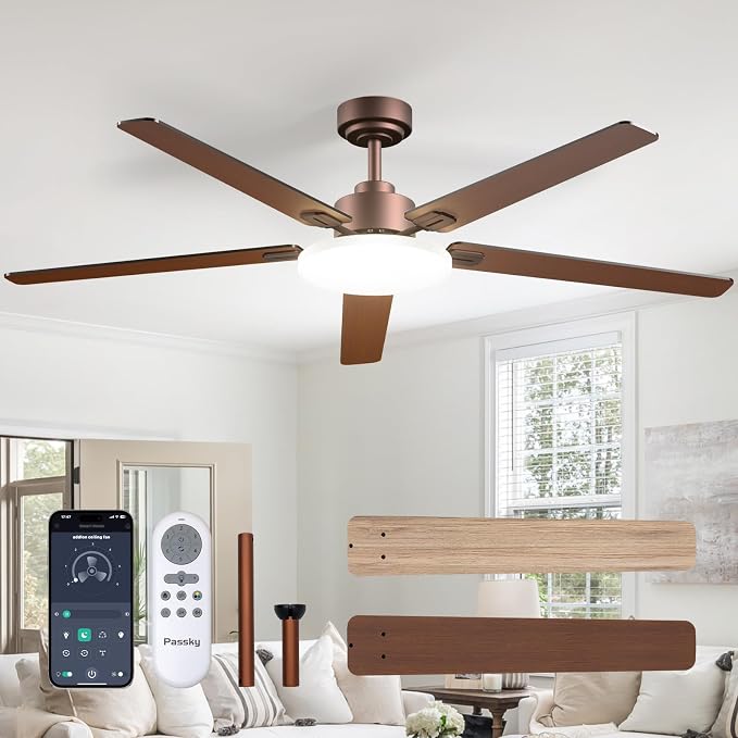 Passky 60 Inch Brown Sleek Ceiling Fans with Lights, Remote Control | 3-color dimmable light, quiet reversible DC motor, easy install, memory, Timer, APP, bedroom, covered outdoor areas