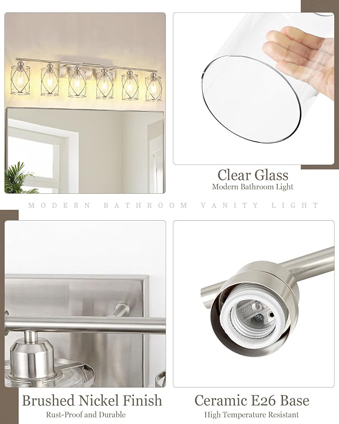 6-Light Brushed Nickel Bathroom Light Fixtures Over Mirror, 42" UL-Listed Modern Wall Sconce Lights with Clear Glass and Metal Cage for Bath, Hardwire E26, CH9176BN-6W