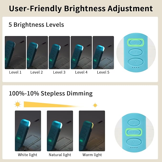 Clip On Book Light, USB Rechargeable Reading Light with 3 Color Modes, 5 Brightness Levels, Flexible Clamp Arm for Bed and Travel(Blue, Clip On)