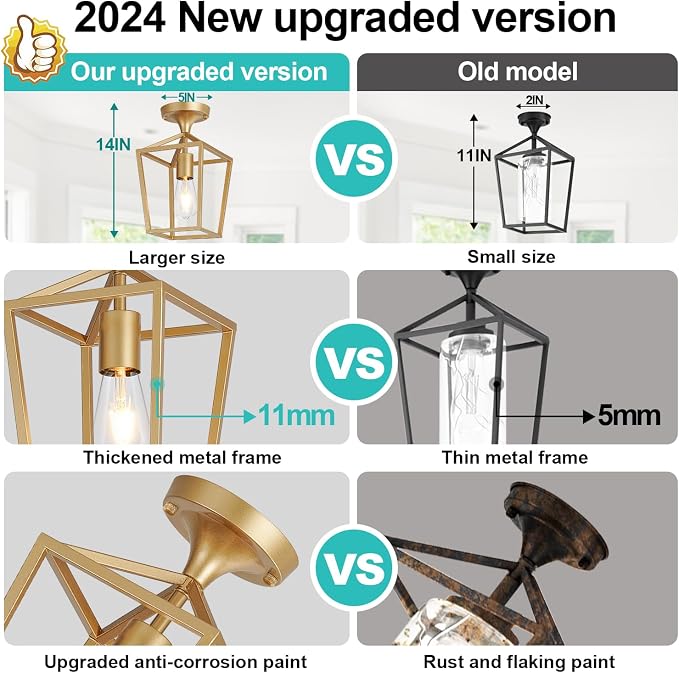 【Upgraded】Semi Flush Mount Ceiling Light,Gold Industrial Ceiling Light Fixtures, Farmhouse Light Fixture for Hallway Stairway Garage Living Room Dining Room Balcony（Not waterproof, Not for Outdoor）