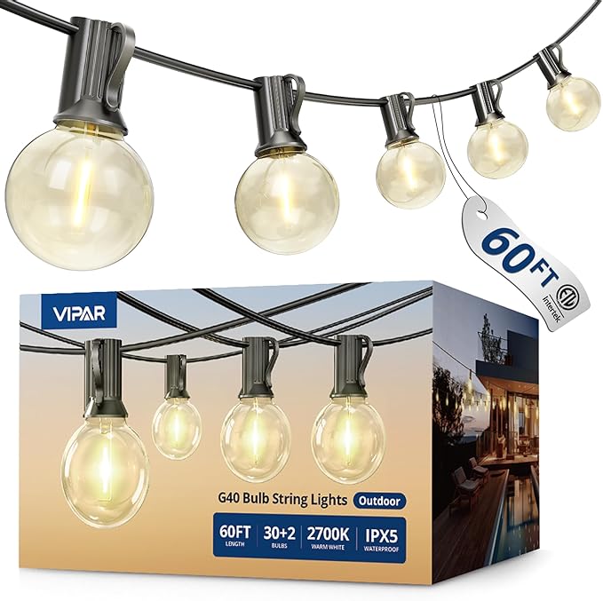VIPAR Outdoor String Lights,60FT 32 G40 Patio Lights Waterproof for Outside | ETL,Vintage LED Globe Bulbs,Connectable, Shatterproof,Waterproof,2700KDimmable,Plug-in,for Backyard Porch Garden Bistro