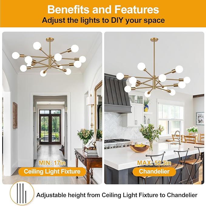 Sputnik Chandeliers Dining Room Light Fixture (12-Light, 33-Inch), Modern Brushed Brass Chandelier, Height Adjustable Mid Century Modern Chandeliers for Dining Room Kitchen (Bulbs not Included)