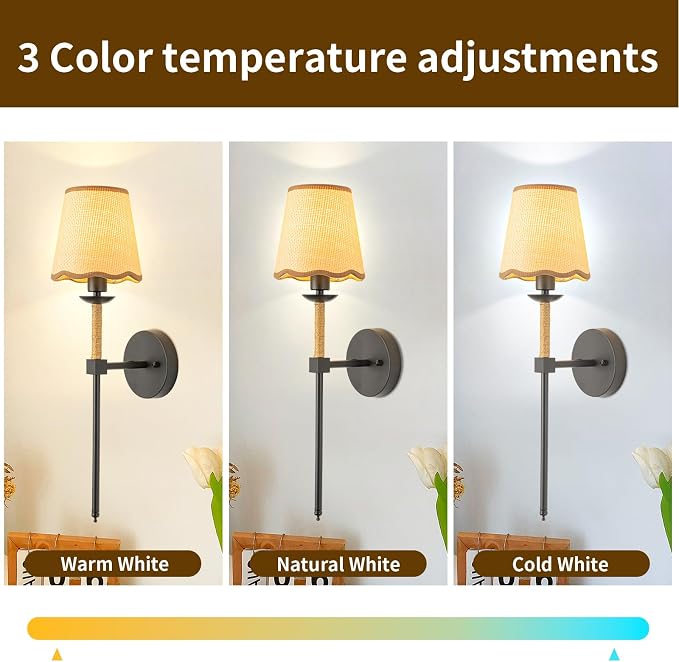 Boho Battery Operated Wall Sconce Set of 2, Black Wireless Rechargeable Wall Lights with Rattan Shade, 12 RGB and 3CCT Dimmable Cordless Wall Lamps with Remote for Bedroom Living Room