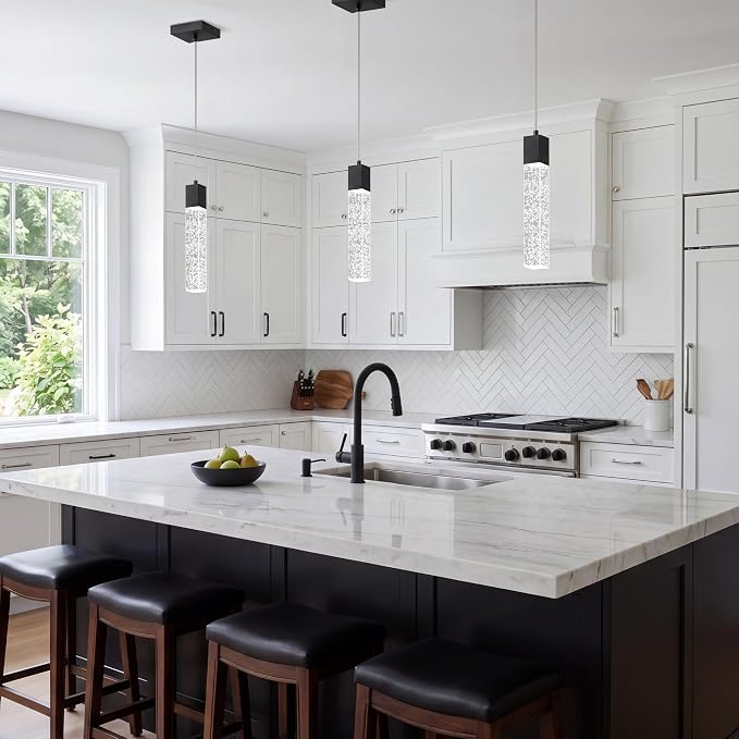 Pendant Lights Kitchen Island, 6500K Modern Kitchen Island Lights Brushed Black, 1 Pack Ceiling Lighting Fixtures with Crystal Bubble, Island Lights for Kitchen Dining Room Bedroom Hallway