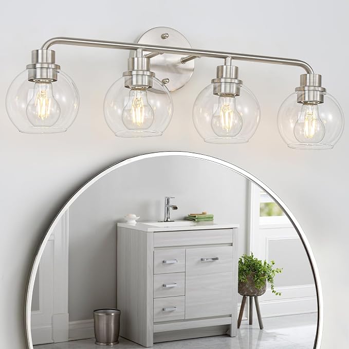 Bathroom Light Fixtures Brushed Nickel Vanity Light Silver 4 Light | Modern Wall Sconces Lighting Bathroom Lights with Glass Shade Bath Wall Lights for Mirror Kitchen Living Room Hallway 27"
