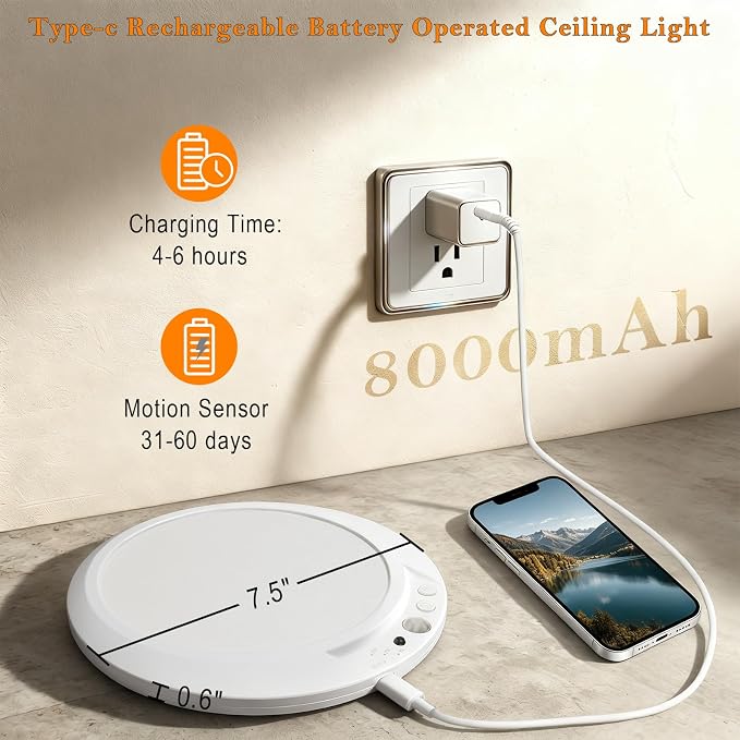 Motion Sensor Ceiling Light Battery Operated with Remote, 2 Pack Wireless Rechargeable Ceiling Lights Indoor, 3CCT Dimmable Closet Night Light for Shower Stairs Shed Hallway Porch RV and Tent