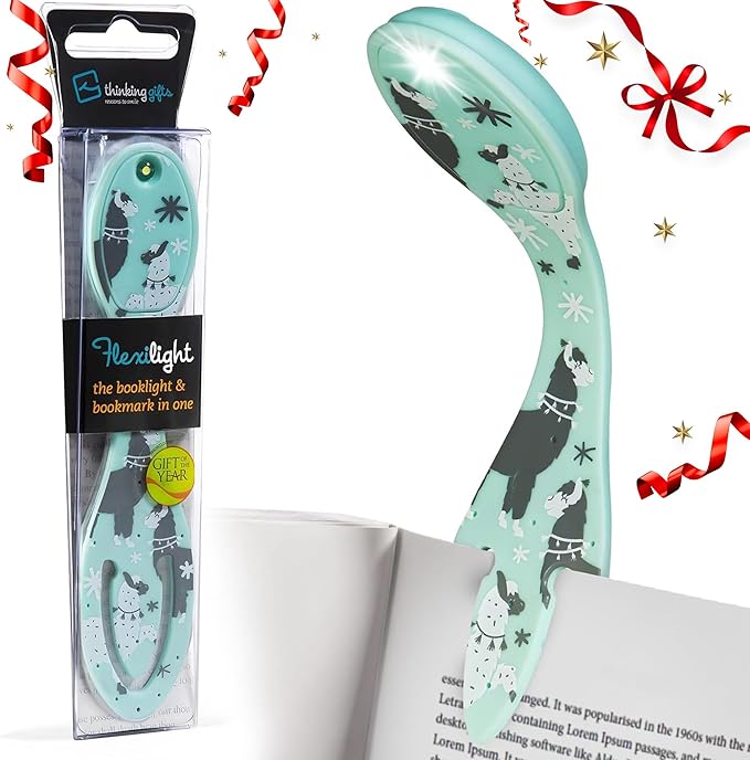 Gifts for Readers & Writers Book Light, Clip On Reading Light for Bed, 2in1 Flexilight & Bookmark, Small & Lightweight with a Soft Glow, 2 Batteries Included, Llama