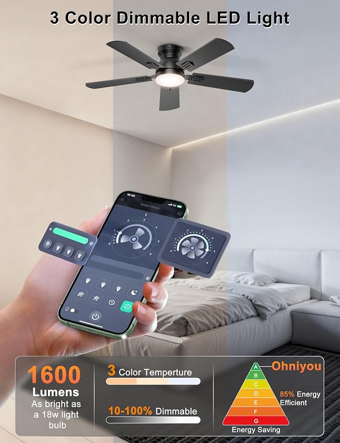 Ohniyou 42'' Low Profile Ceiling Fan with Lights, Remote/APP Control, Black | Flush Mount, Dimmable 3CCT LED, Quiet DC Motor; Memory Function, 4775 CFM, Small Ceiling Fan for Indoor Bedroom Kitchen