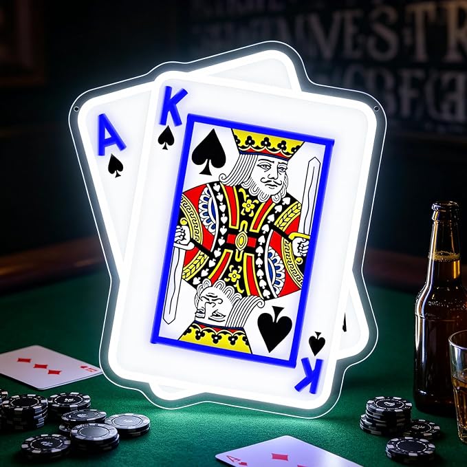 Poker Neon Sign, UV Printed Playing Cards LED Light for Man Cave Decor | USB-Powered Dimmable “A,K” Spade Cards Light Sign for Poker Rooms, Game Rooms, Man Caves, and Poker Nights