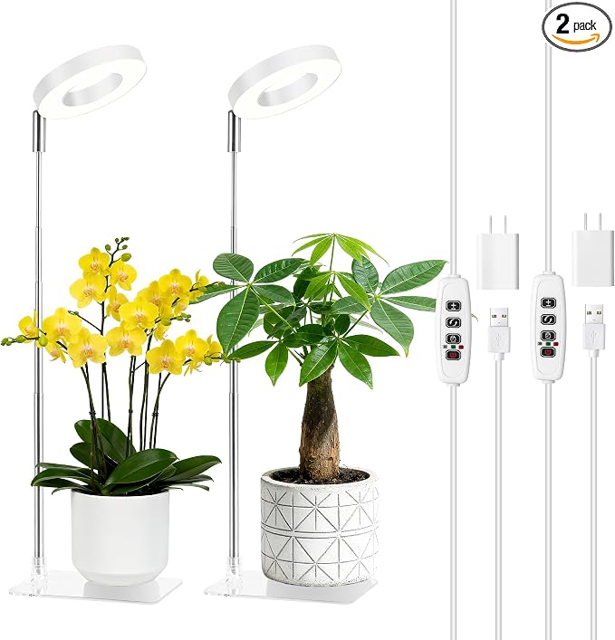 3.54" White Grow Light, Full Spectrum Plant Lights for Indoor Growing with 3/9/12H Timer, 3 Color Modes, 10 Brightness, 6.6"-24.8" Height Adjustable, Small Halo Grow Light with Base, 2 Pack