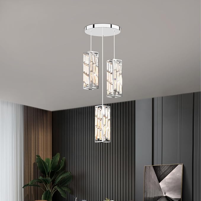 Modern 3-Light Crystal Pendant Light Fixture Kitchen Island, Chrome | Mini Crystal Chandeliers, Height Adjustable Cord, Ceiling Hanging Lighting for Kitchen Island Dining Room Bedroom