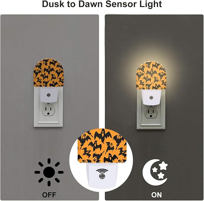 Spooky Halloween Ghosts Night Light, Black Orange Ghosts Dusk to Dawn Night Light Plug in,0.5w Energy Saving Sleep Friendly NightLight for Kids Boys Girls Home Decor