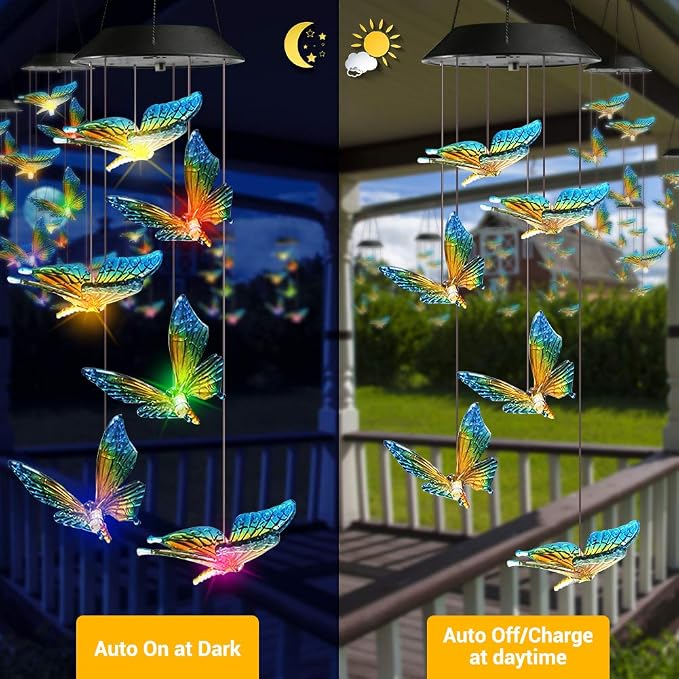 Toodour Solar Wind Chime, Color Changing Wind Chimes Butterfly Gift for Mom | LED Decorative Mobile, Gifts for Grandma, Waterproof Outdoor Decorative Lights for Garden Patio Yard Window Outdoor Decor