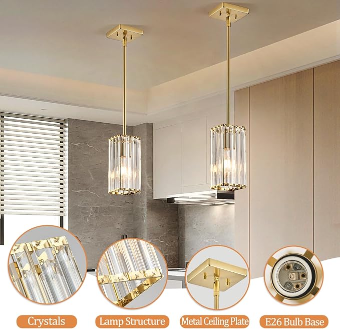 Modern Crystal Pendant Lights Kitchen Island, 1-Light Brushed Gold Hanging Light with Clear Crystal Shade, Adjustable Height Pendant Lighting for Kitchen Island Dining Room Bedroom Bar Entryway