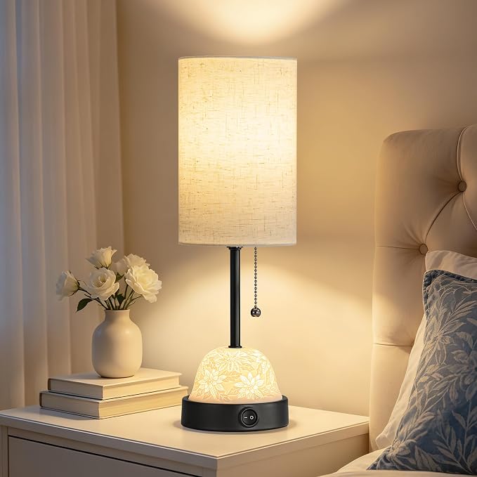 Table Lamp for Bedroom, Dual Light Nightstand Lamp with Fabric Shade & Ceramic Carved Night Light Base, Individual Controls Bedside Lamp for Living Room, 8W LED Bulb Included
