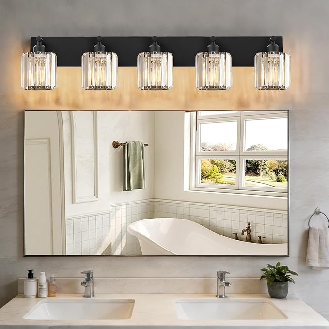 Black Crystal Bathroom Vanity Light, 5-Light Modern Bathroom Lighting Fixtures Over Mirror, Matte Black Wall Sconce Light Fixtures with Round Shade
