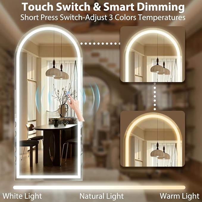 Arched LED Full Length Mirror - 65"x26" Full Body Standing Mirrors | Floor Mirror with Light, Shatterproof Tempered Glass-Dimmable & 3 Color Lighting/Wall Mounted Mirror for Bedroom/Cloakroom