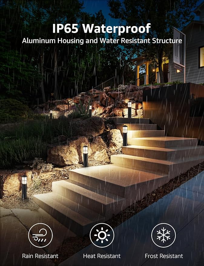 SUNVIE 8-Pack 3W LED Low Voltage Bollard Landscape Pathway Lights, Black | IP65 Waterproof, 3000K Warm White, 12-24V AC/DC, Aluminum, Outdoor Landscape Lighting for Walkway Garden Yard, with Connector