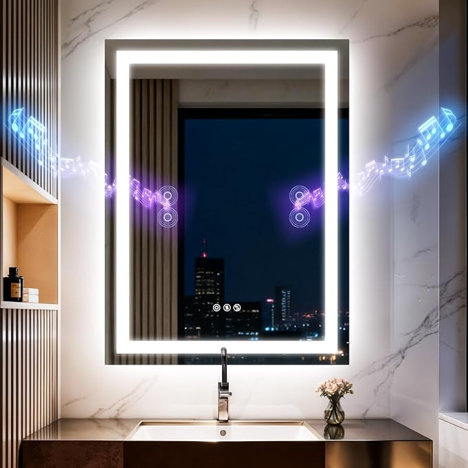 20"x28" LED Bathroom Mirror with Lights,Bluetooth Dual Speaker | Anti-Fog,3 Color Temperature,Dimmable Brightness,Memory Function,Waterproof,Wall Mount Design,Tempered Glass
