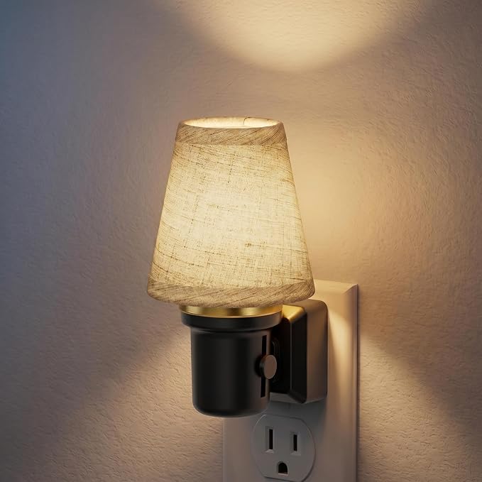 JandCase LED Night Lights Plug into Wall | Linen Fabric Round Vintage Nightlight Decorative Night Light Dusk to Dawn Sensor 0-100LM Dimmable Bedroom Living Room Hallway