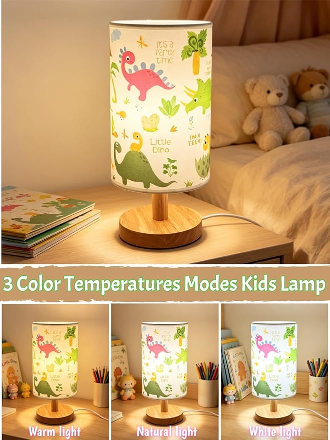 Dinosaur Lamp,Dinosaur Kids Table Lamps for Bedroom Boys Bedside Lamp,Dino Gifts for Kids,3-Colors Mode Nightstand Night Light with Cartoon Lampshade LED Desk Lamp for Girls Boys Room Nursery Decor