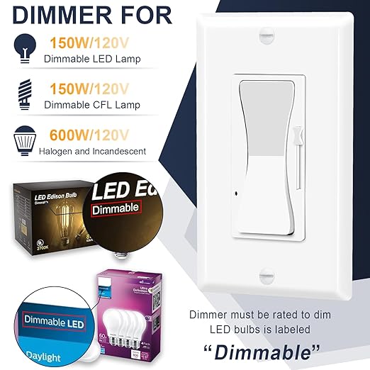 Dimmer Switches for LED Lights,Greencycle 4PK 3 Way Dimmer Switch for Dimmable 150W LED CFL Light,600W Halogen and Incandescent,15A 120V,Neutral Wire Not Required,Residential/Commercial,ETL Listed