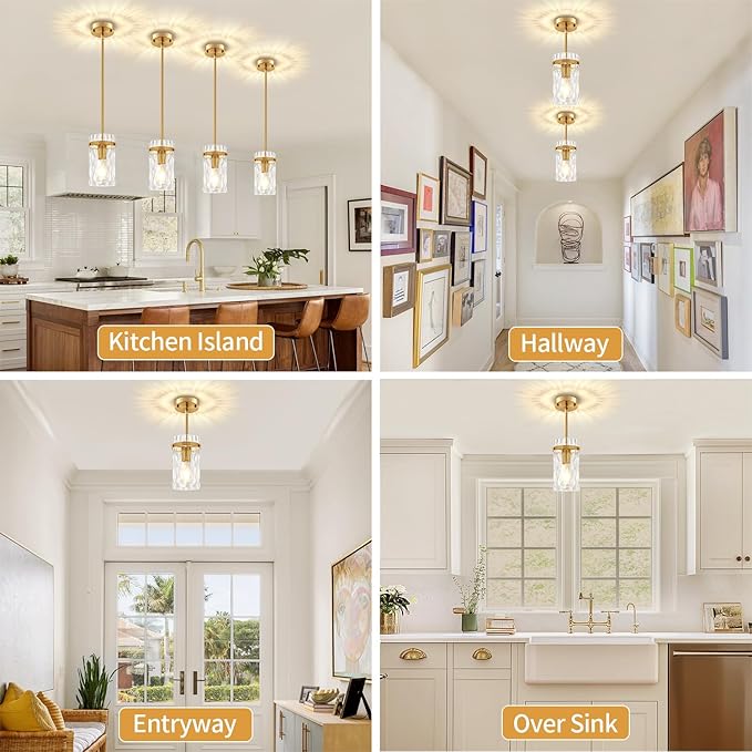 2 Pack Brushed Gold Pendant Lights Kitchen Island, Hammered Glass Kitchen Pendant Lighting Over Island Hanging Hallway Light Fixtures Adjustable Modern Pendan Light for Bathroom Entryway Dining Room