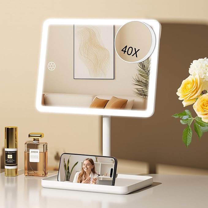 FUNTOUCH Vanity Mirror with Lights, Rechargeable Makeup Mirror with Lights,Smart Touch with 3-Color Lighting, Dimmable, Detachable 40X Magnification for Vanity Desk Tabletop,White