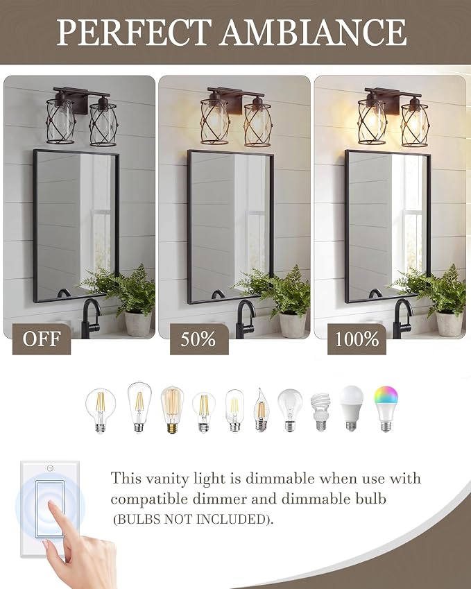 2-Light Oil Rubbed Bronze Bathroom Light Fixtures Over Mirror, 13.2" UL-Listed Modern Farmhouse Wall Sconce Lights with Clear Glass and Metal Cage for Bath, Hardwire E26, CH9176ORB-2W