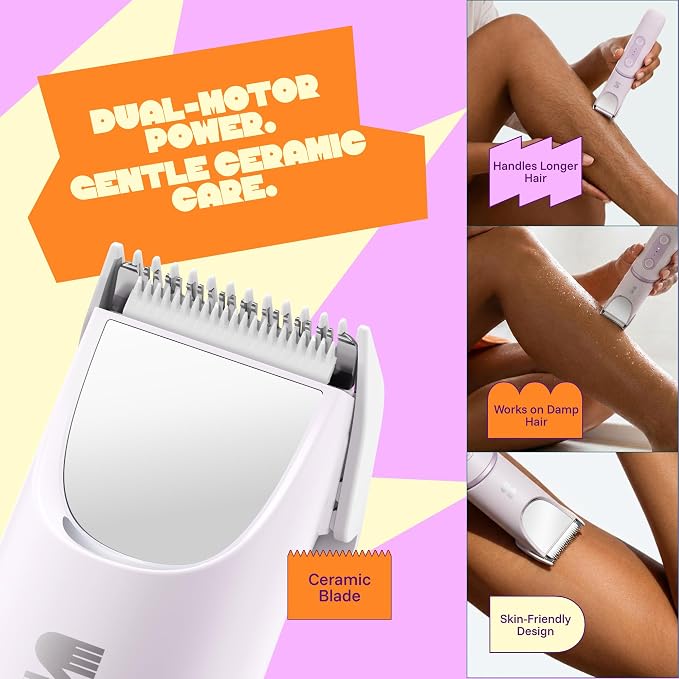SpinDuo 2 in 1 Electric Bikini Trimmer for Women,180°Rotating Head | SpotGlide™ ceramic blade for body, legs and bikini, Mirror and LED light reveal fine hair, Trim, shave and red light, IPX7
