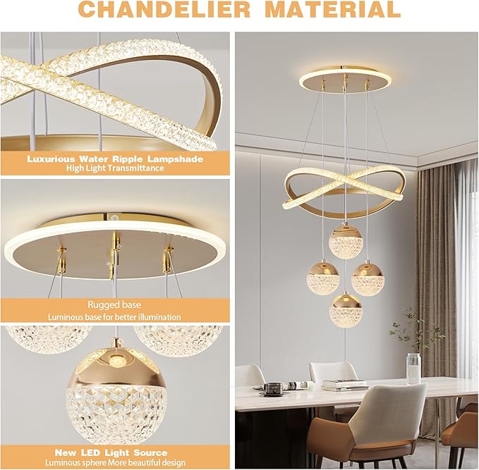 Gold LED Chandeliers, 3-Color Dimmable Pendant Light Dining Room Light Fixtures for Kitchen Island Adjustable Modern Chandeliers for Dining Room Living Room Bedroom