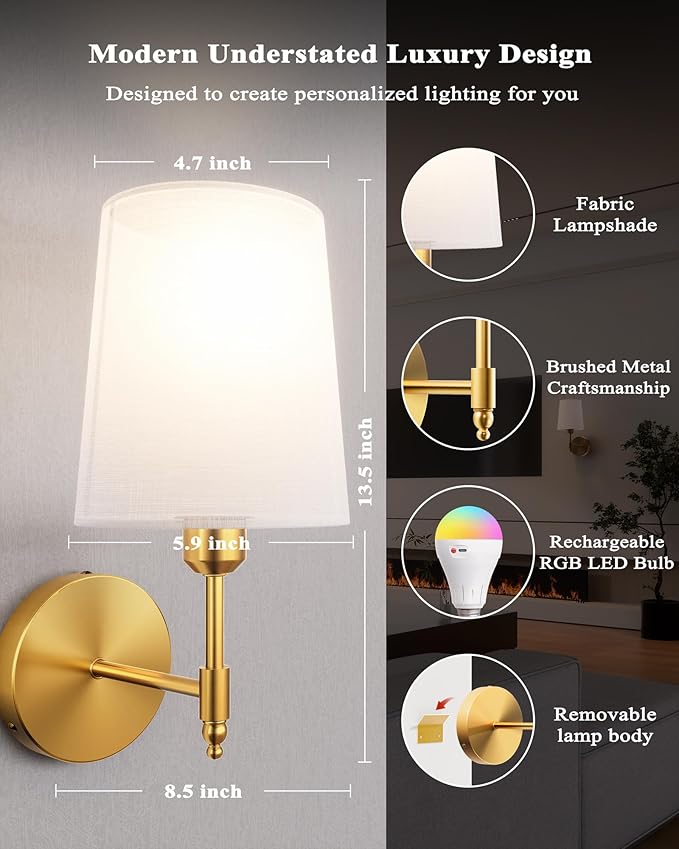 Battery Operated Wall Sconces Set of 2, Wireless Rechargeable Dimmable Wall Light with 5600mAh RGB Bulb and Remote for Bedroom, Living Room, Hallway, Gold, 13.5in