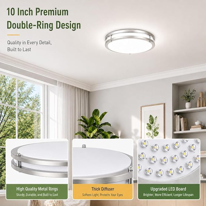 2-Pack 10inch Flush Mount LED Ceiling Light Fixture, 30W 3200lm Super Bright Bathroom Light Fixtures Ceiling Mount, 2700K-6500K Adjustable Dimmable Hall Ceiling Lamps for Kitchen, Brushed Nickle