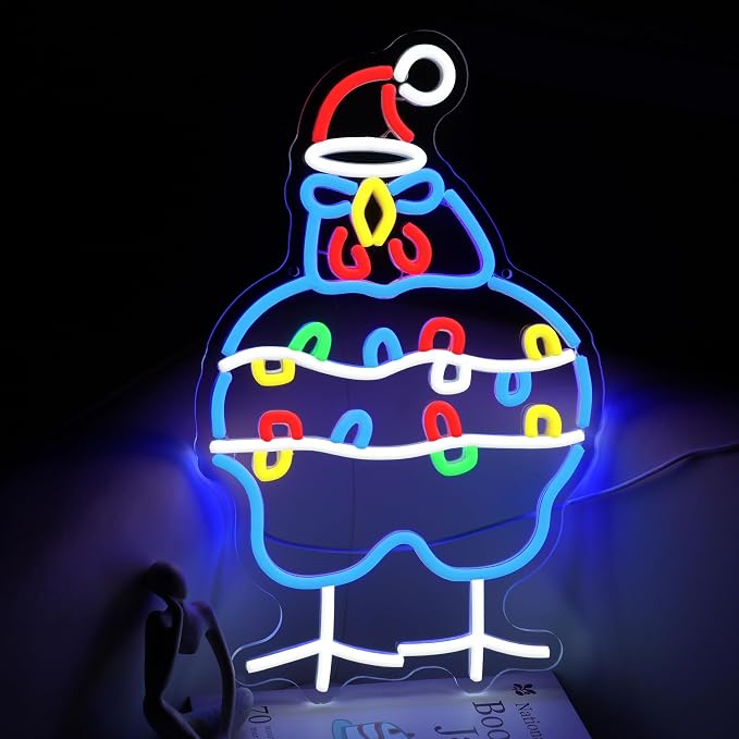 GNVETZLL Chicken Christmas Neon Sign Santa Hat Neon Light Sign Merry Christmas Rooster Neon Light for New Year Party Living Room Club Decoration(16.54 * 10.43In)