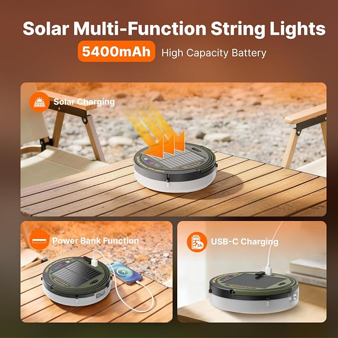 Solar Camping String Lights, 5400mAh/ 49.2FT/ 11 Modes Rechargeable Camping Lights Outdoor/Indoor, 4-in-1 Quick Storage Fairy Tent Lights Portable LED Lamp for Patio Yard Party Decor Essentials | Camping Lights Outdoor/Indoor, 4-in-1 Quick Storage Fair...