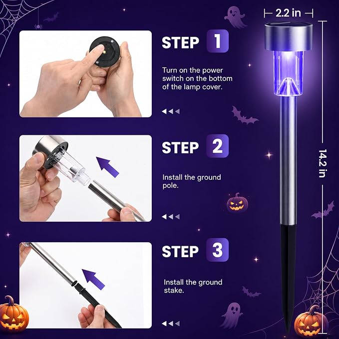 GIGALUMI 24 Pack Purple Solar Halloween Lights,Outdoor Halloween Decoration | Halloween Solar Lights Outdoor Waterproof, Halloween Decor for Yard,Garden,Pathway,Patio,Walkway,Party,Stainless Steel LED