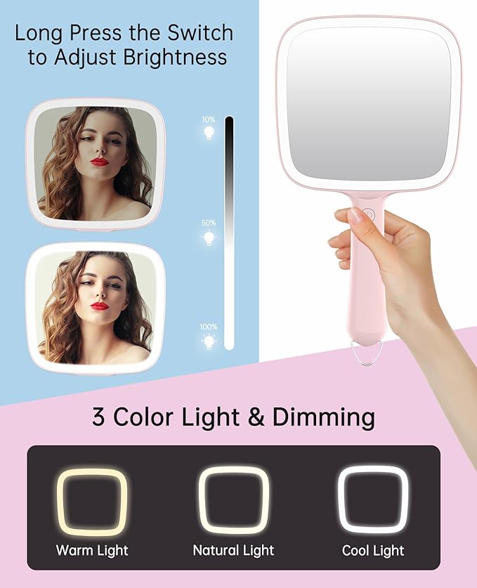 Famihomii Lighted Handheld Mirror, Handheld Mirror with 3 Light Color, Led Hand Mirror for Women, Makeup Mirror with Handle Hole Hanging Portable Travel Vanity for Girls, Battery Operated, Gifts
