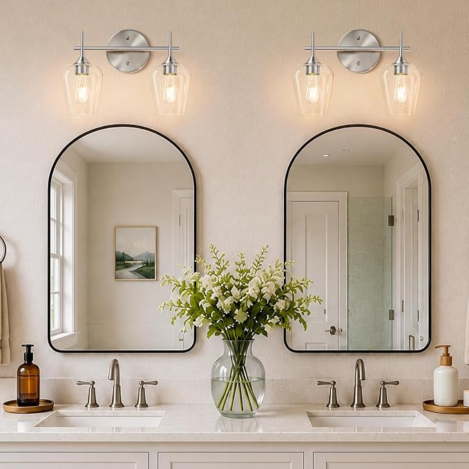 MOKATNG 2-Light Bathroom Light Fixtures, Brushed Nickel Vanity Lights for Bathroom with Clear Glass, Bathroom Lighting Fixtures Over Mirror, Modern Wall lamp for Cabinet Hallway