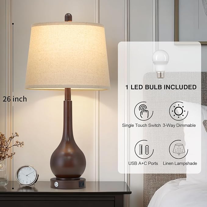 26" Brown Table Lamp Single, Touch Control Bedside Lamp for Bedroom Nightstand, 3-Way Dimmable Farmhouse Lamp for Living Room with Charging Port (1 Pack)