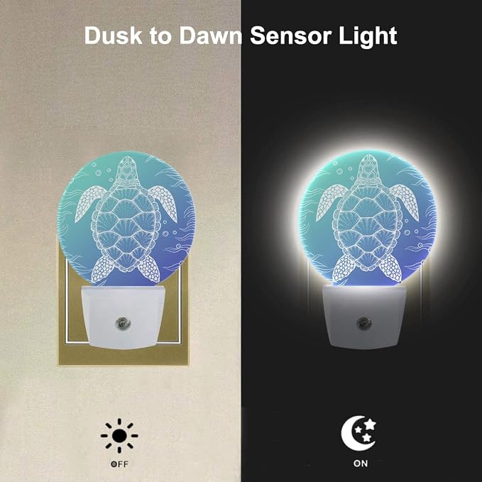EKOBLA Sea Turtle Corals Fish Night Light with Dusk to Dawn Light Sensors, Blue Underwater Ocean Theme Plug-in Nightlight for Coastal Summer Home Decor, 0.5W Sleep Friendly