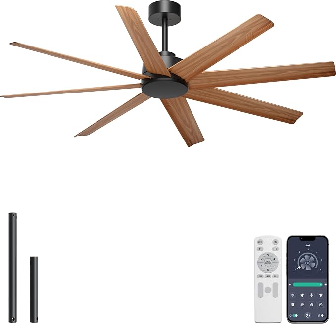 Ohniyou 60" Modern Farmhouse Ceiling Fan No Light for Patio, Porch, Deck | Remote/App Control, Quiet DC Motor, Covered Outdoor Fan with 8 ABS Blades, Black and Wood Color