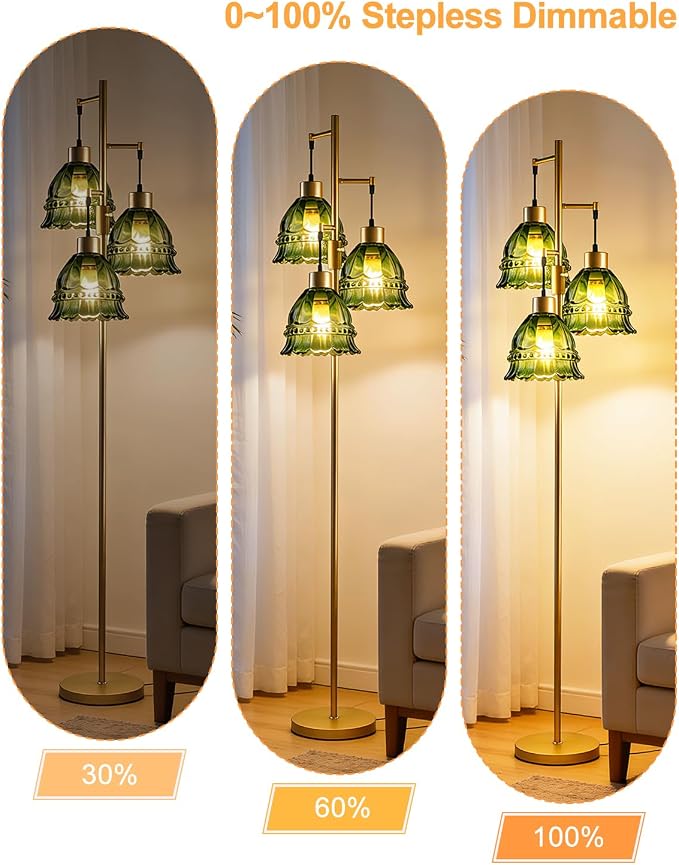 Lightdot 3-Lights Green Glass Floor Lamp Dimmable Gold Floor Lamp with Glass Shade 3000K Bulbs Included Unique Modern Standing Tall Lamp with 5Lbs Heavy Base for Living Room/Bedroom/Sofa Beside