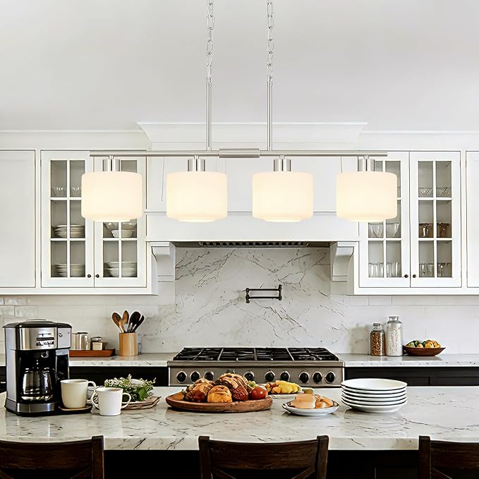 4-Light Brushed Nickel Kitchen Island Lighting, Modern Linear Dining Room Chandelier Light Fixtures with Milk Glass and Chain, Mid Century Hanging Lights for Kitchen Island, OS-YQ8153-4ISBNW