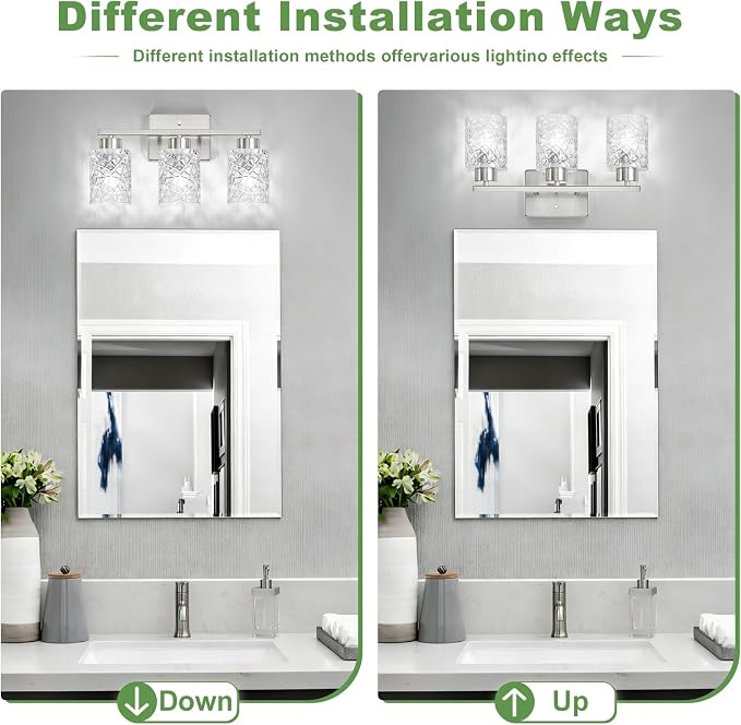 3-Light Bathroom Light Fixtures, Brushed Nickel Vanity Lights Over Mirror | Wall Sconces with Clear Textured Glass Shades for Living Room Bedroom Hallway,E26 Base (Bulbs Not Included)