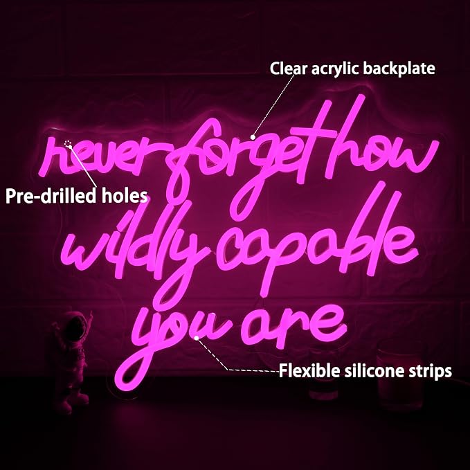 Never Forget How Wildly Capable You Are Neon Sign Dimmable Inspirational Letter Neon Light USB Powered Motivational Led Light Sign for Man Cave Bar Office Decoration (16.54 * 12.6)