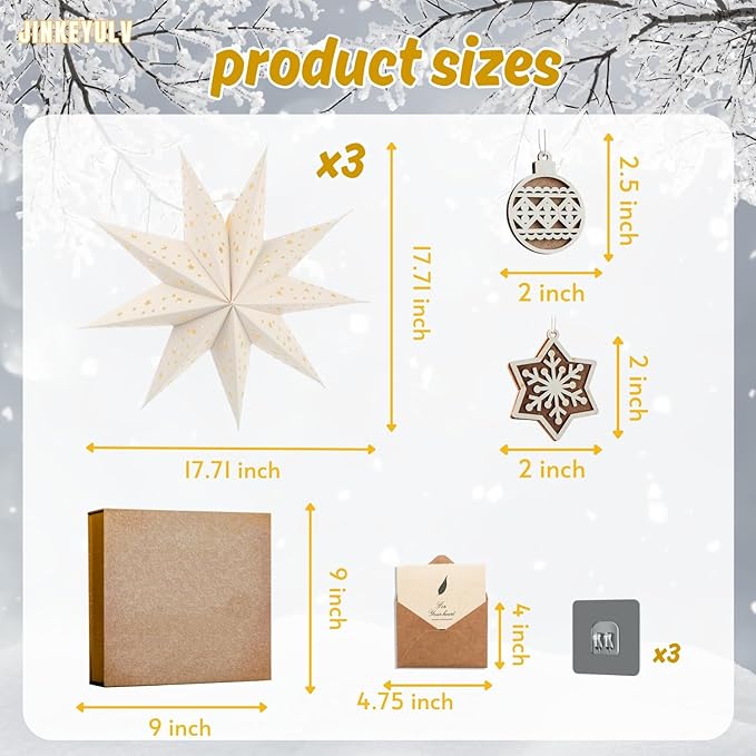 Paper Star Lantern 3PCS Christmas Paper Stars Lantern 13.78 inch 9 Points Paper Star Lantern Hanging 3D Christmas Paper Star Hanging Star Foldable for Wedding Xmas White decoración navideña