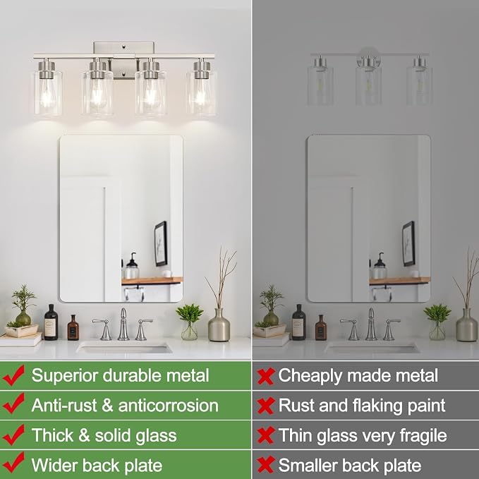 4-Light Bathroom Light Fixtures, Brushed Nickel Vanity Lights, Bathroom Lighting with Clear Glass Shade, Vanity Lighting fixtures for Mirror Kitchen Bedroom Hallway Living Room